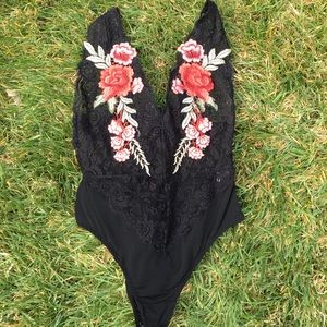 Embroidered rose bodysuit